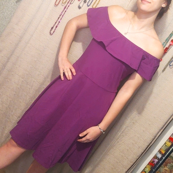 Styleword Purple Off Shoulder Flounce Skater Dress Lg - Picture 1 of 14
